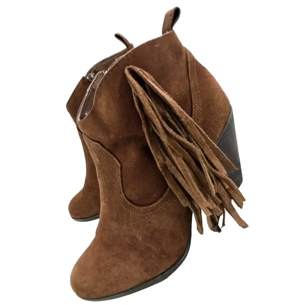 MADDEN GIRL! PANCHO NUTMEG BROWN GENUINE SUEDE LEATHER FRINGED BOOTS! SZ 8M